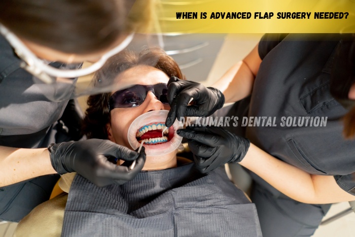 Specialist dentist examining severe gum infection before advanced flap surgery at Nataraj Dentistry in Coimbatore